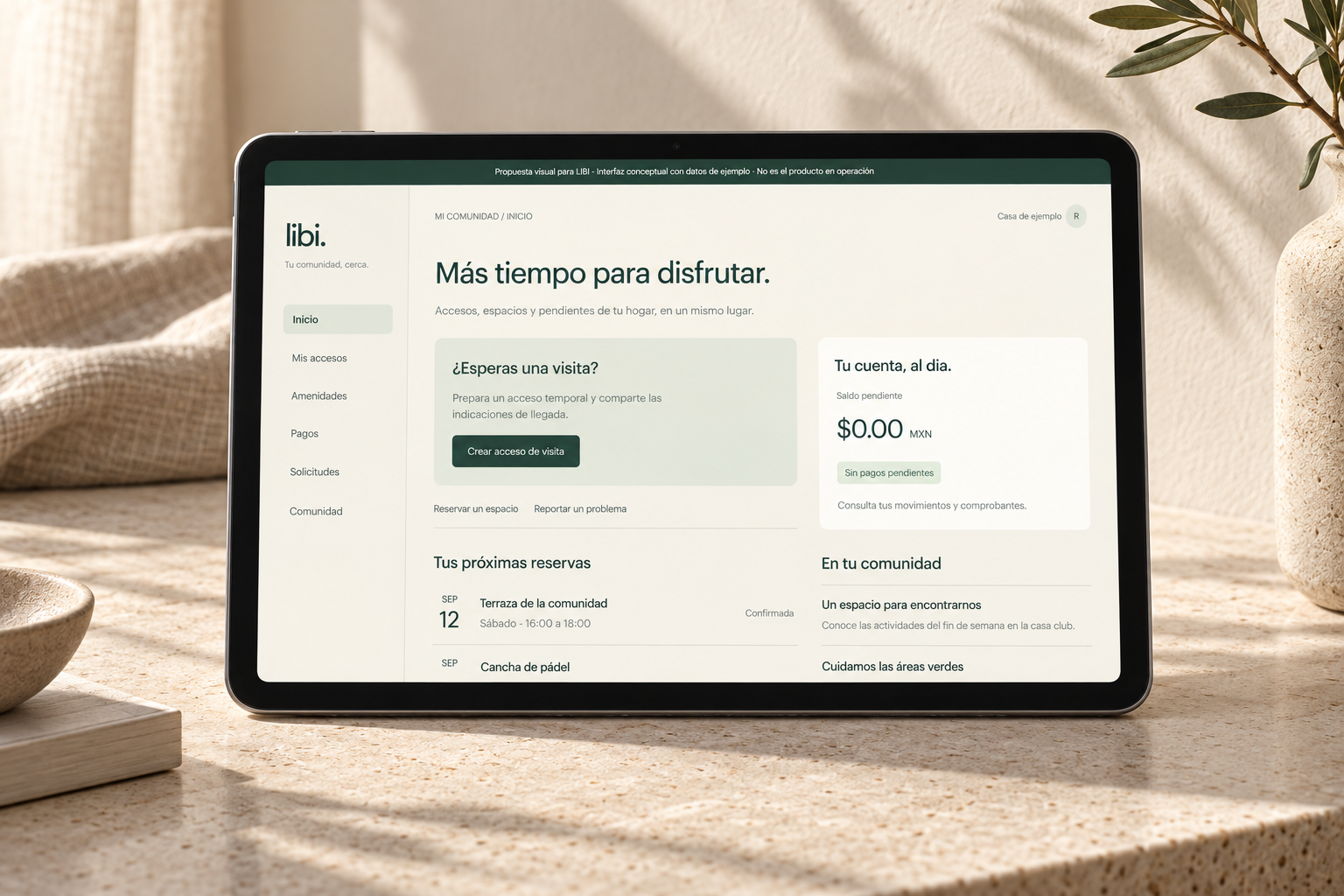AI-generated presentation of the LIBI visual concept on a tablet in a warm cream interior.